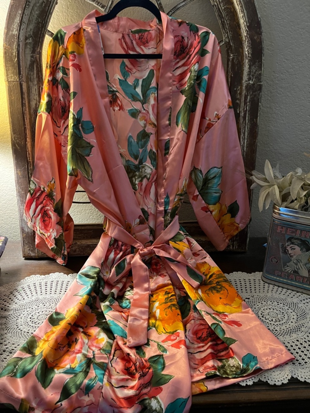 Floral Satin Kimono Robe - Pink with Multicolor Floral Print, Size Medium